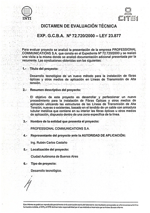 Dictamen de Evaluación Técnica del INTI-CITEI del 26-01-2001.