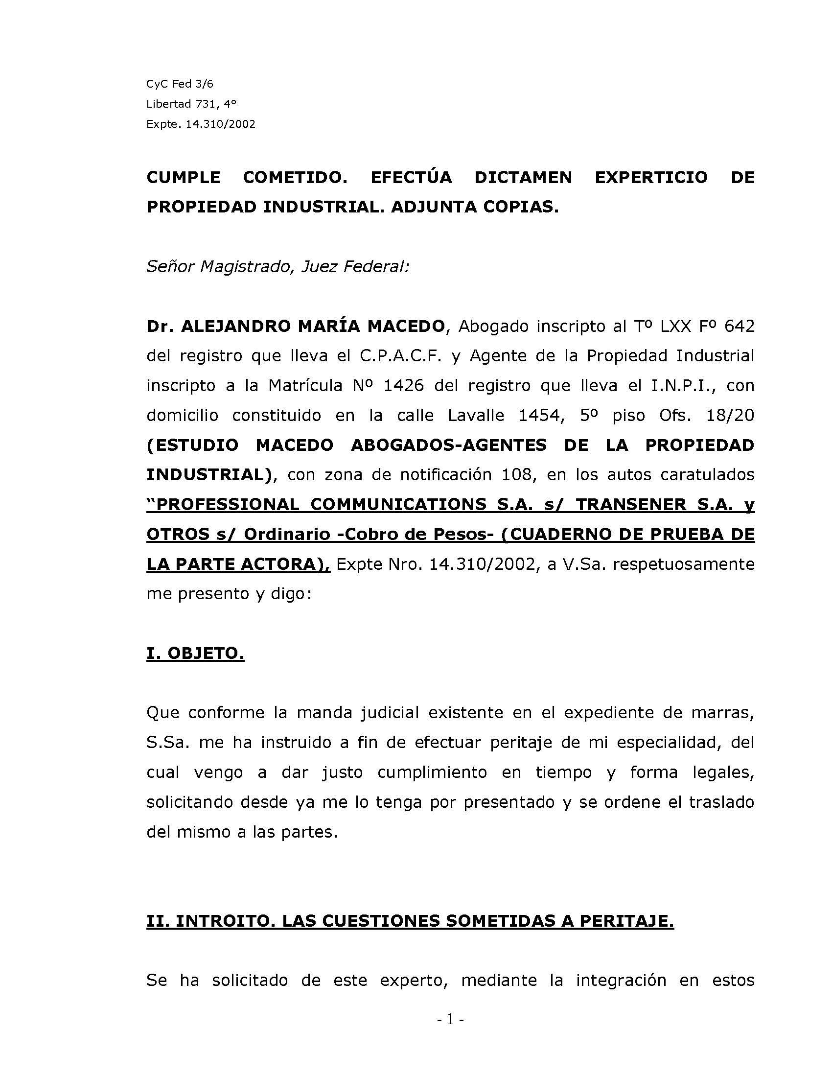 Presentación del escrito de Demanda de autos "PCSA contra TRANSER SA Y OTROS" del 30-12-2002 ante el Juzgado Nacional en lo Civil y Comercial Federal Nº 3, Secretaría Nº 6 de la CABA, Argentina (Expediente Nº 14.310/2002)