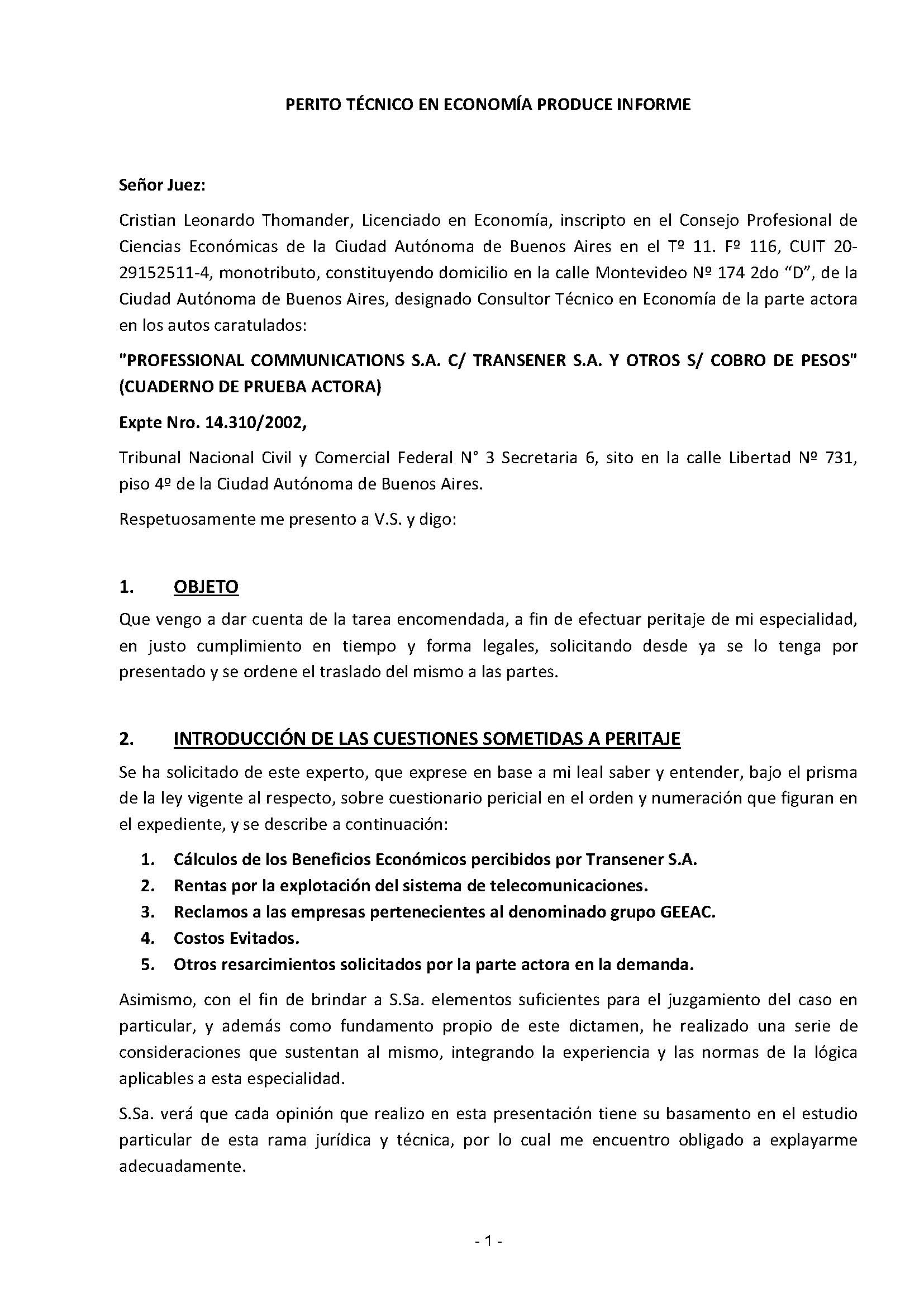 Presentación del escrito de Demanda de autos "PCSA contra TRANSER SA Y OTROS" del 30-12-2002 ante el Juzgado Nacional en lo Civil y Comercial Federal Nº 3, Secretaría Nº 6 de la CABA, Argentina (Expediente Nº 14.310/2002)