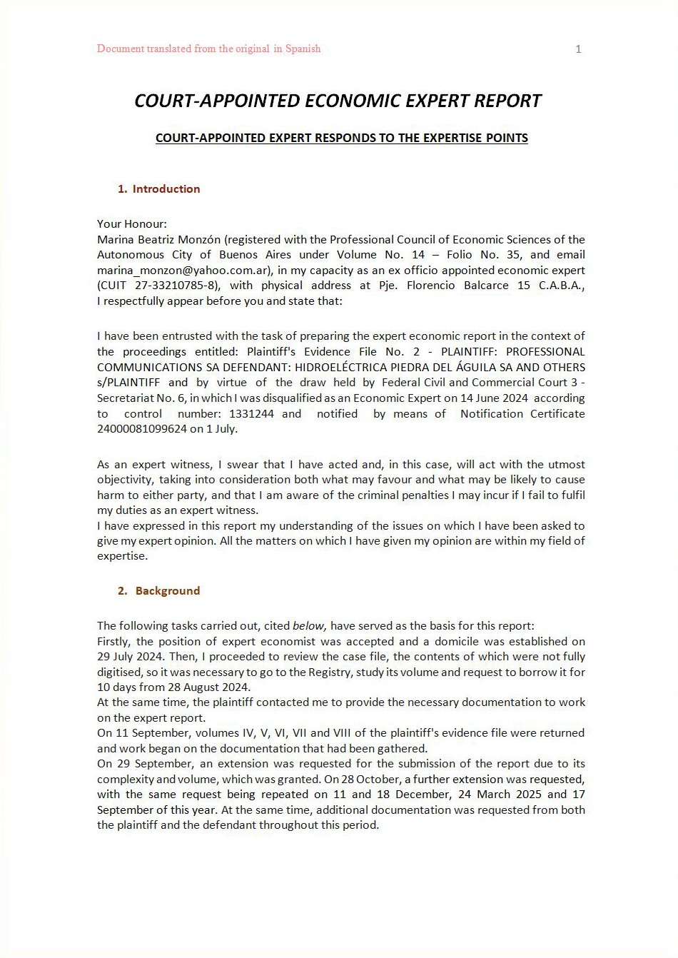 Court-Appointed Economic Expert Report, dated 18 November 2025, in the Proceedings entitled “Professional Communications S.A. v. Transener S.A. and Others” (commenced on 30 December 2002).