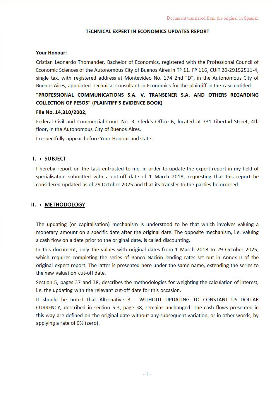 Economic Expert Report Update, as at 29 October 2025, in the Proceedings entitled “Professional Communications S.A. v. Transener S.A. and Others” (commenced on 30 December 2002).
